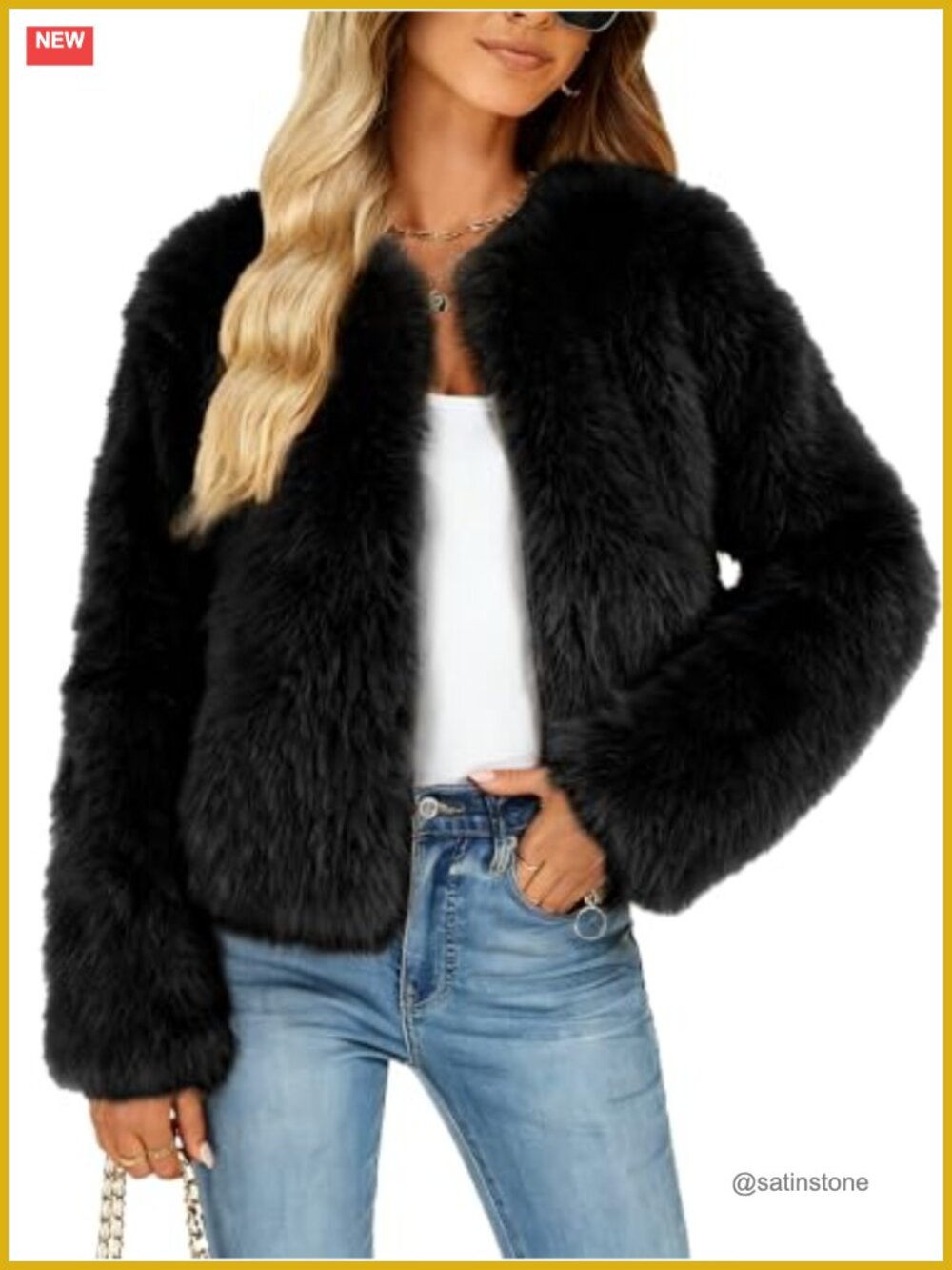 Faux Fur Cropped Jacket Zip Up Winter Coat Trendy Long Sleeve